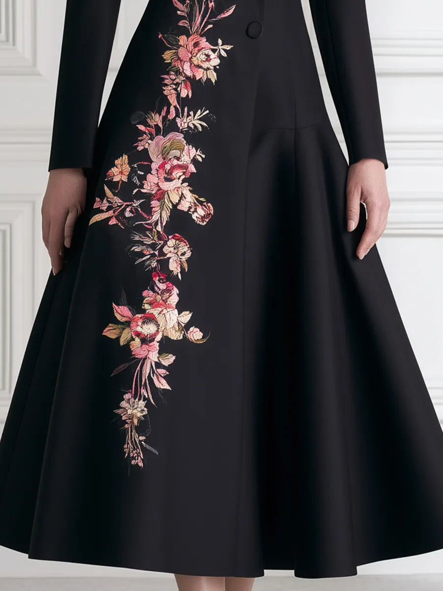 Floral Embroidered A-Line Blazer Midi Dress