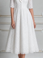 White Lace Shawl Collar Button Front A-Line Midi Dress