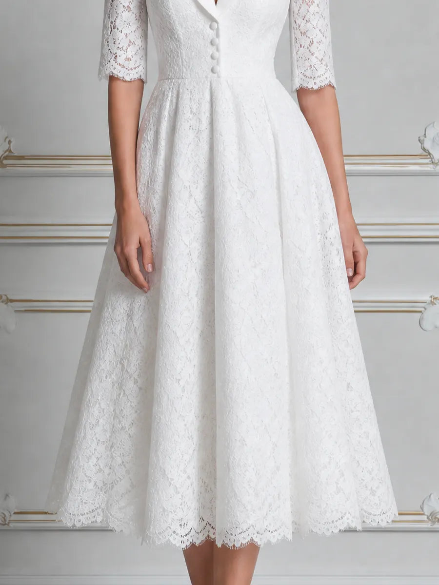 White Lace Shawl Collar Button Front A-Line Midi Dress