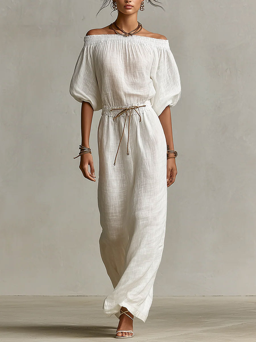 Women's Solid-color Off-the-shoulder 3/4-sleeve Casual Loose Cotton-linen Dress