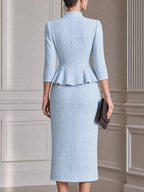 Stand Collar Peplum Jacket & Midi Pencil Skirt Waffle Suit