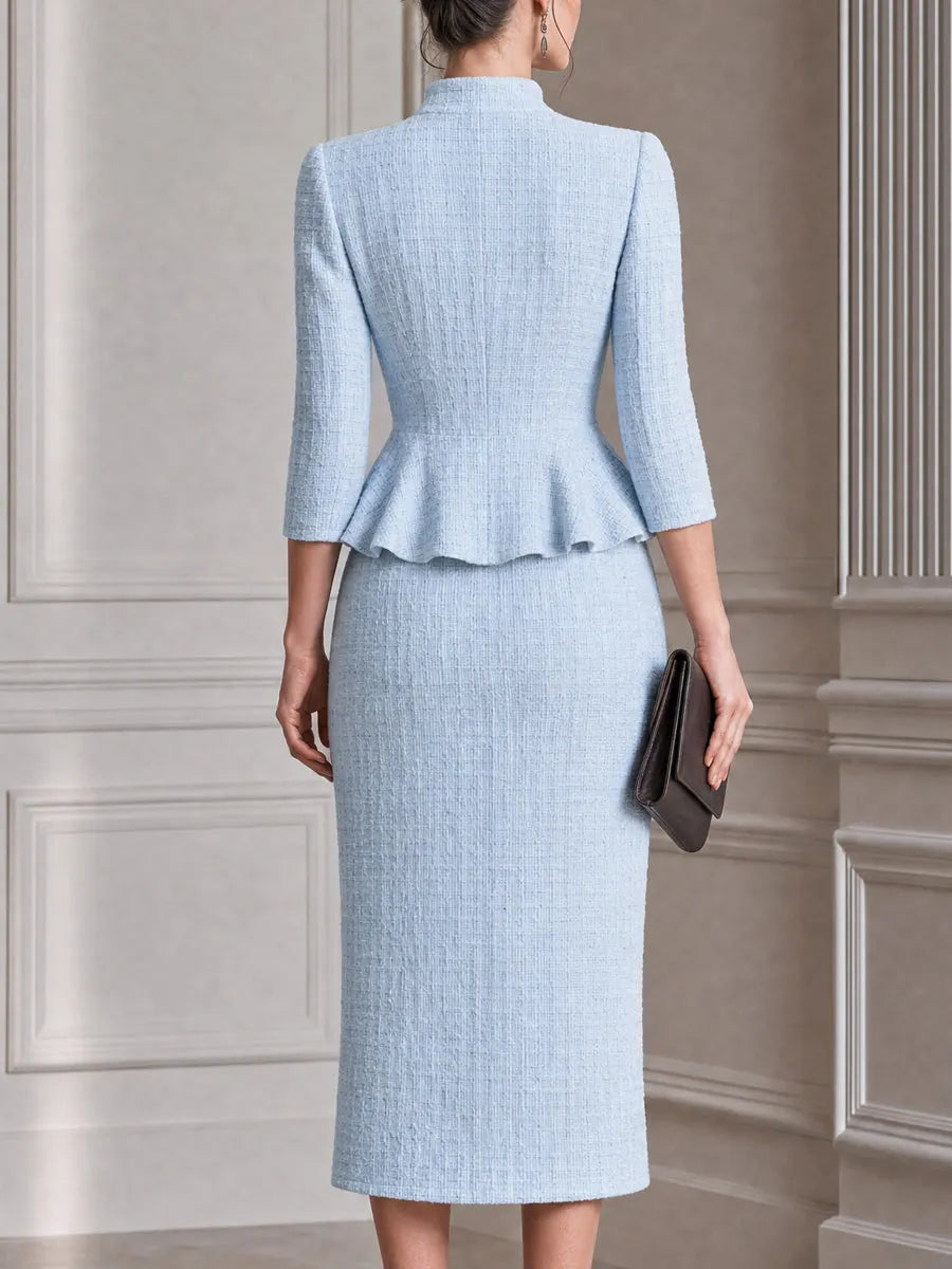 Stand Collar Peplum Jacket & Midi Pencil Skirt Waffle Suit