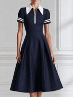 Contrast-Collar Half-Zip Nautical A-Line Midi Dress
