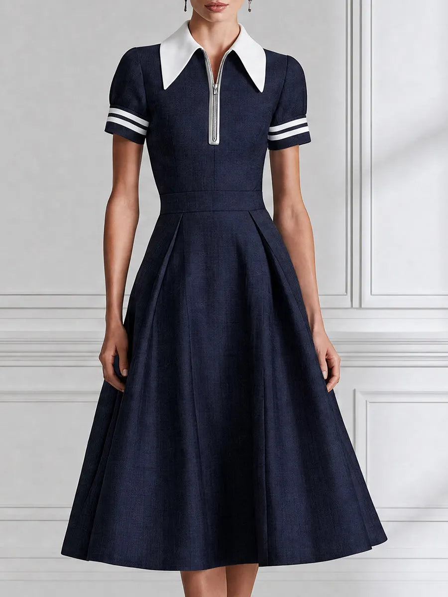 Contrast-Collar Half-Zip Nautical A-Line Midi Dress