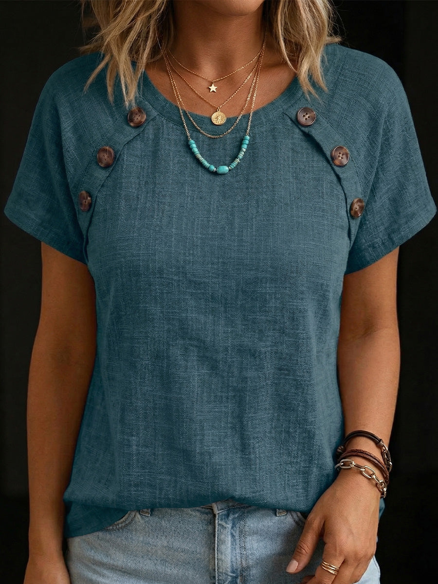 Women's Round Neck Button Splicing Cotton Linen Top