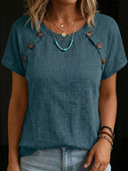 Women's Round Neck Button Splicing Cotton Linen Top