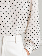 White Polka Dot Ruffle Neck Long Sleeve Blouse