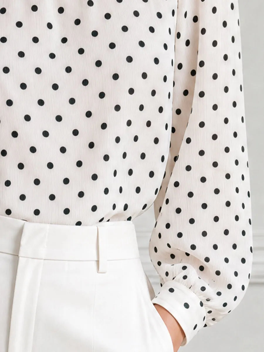 White Polka Dot Ruffle Neck Long Sleeve Blouse