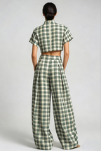 Hapi Plaid Crop Baggy Pants Set In Green