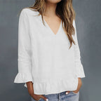Women's Casual Ruffled V-neck Linen Blend Blouse