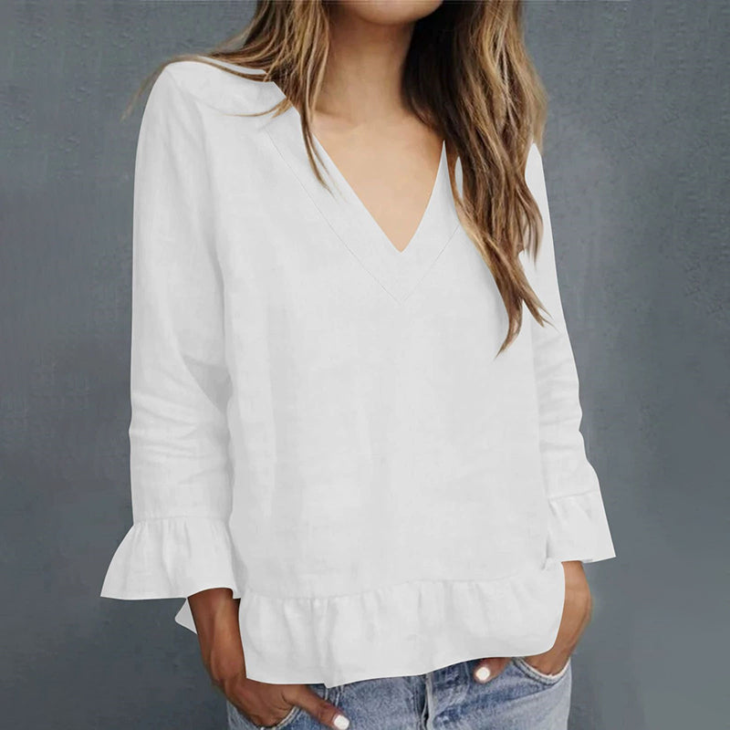 Women's Casual Ruffled V-neck Linen Blend Blouse