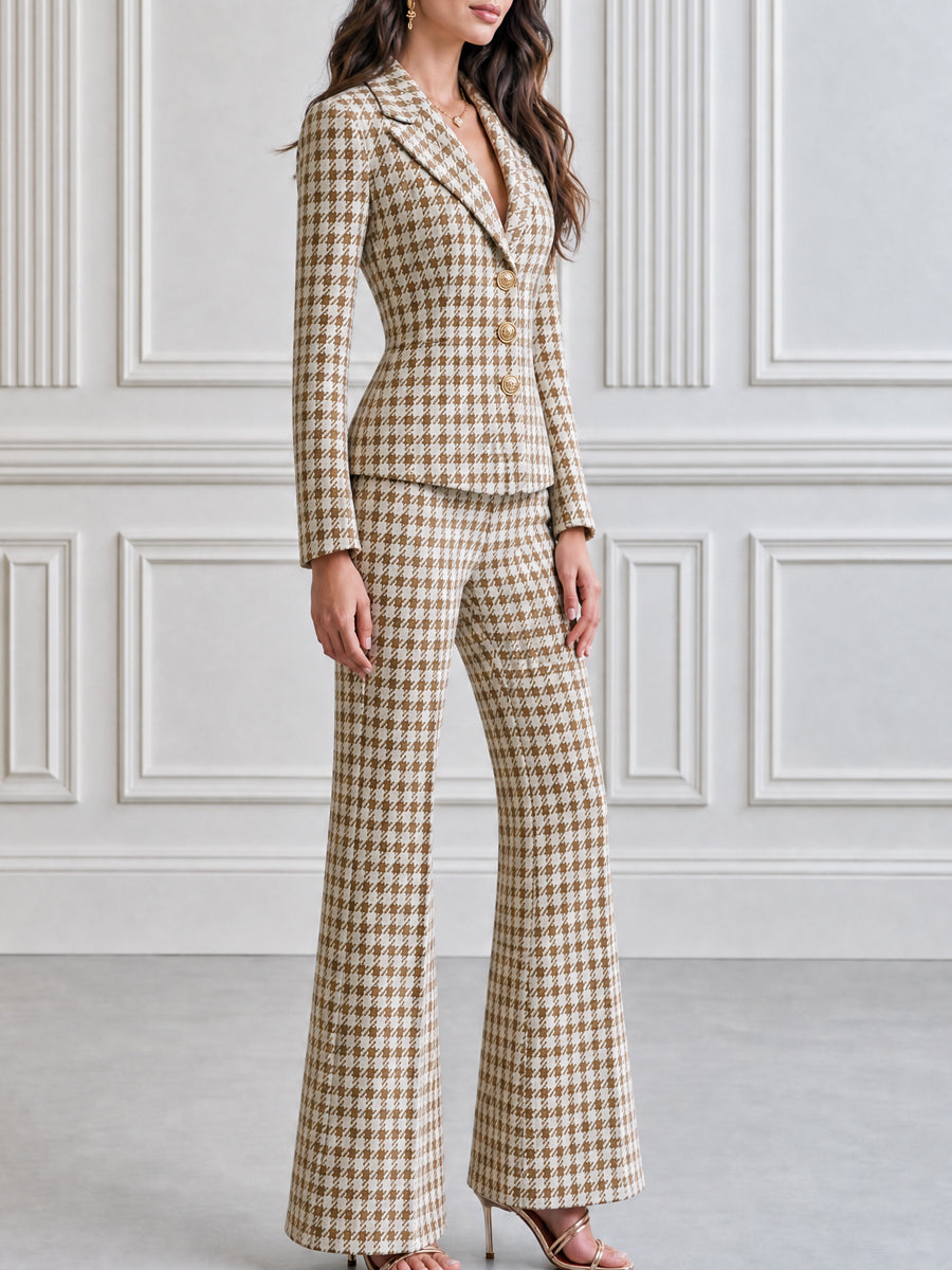 Houndstooth Tweed Blazer & Flare Pants Two-Piece Suit Set