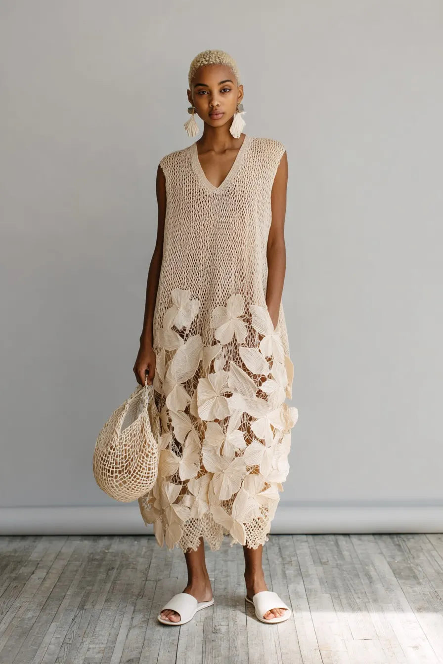 Women's Beige Handmade Crochet Flower Knit Maxi Dress