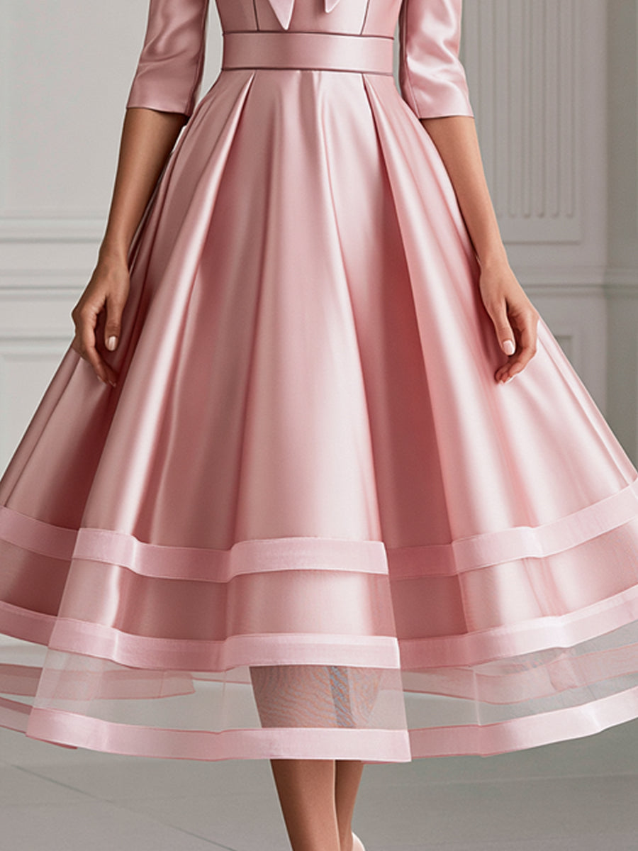 Bow-Tie Neck Satin Sheer Hem A-Line Midi Dress