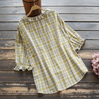 Vintage Flounce Plaid Cotton Linen Round Neck Comfy Shirt