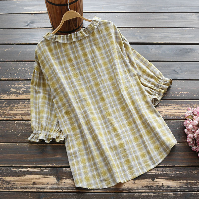 Vintage Flounce Plaid Cotton Linen Round Neck Comfy Shirt