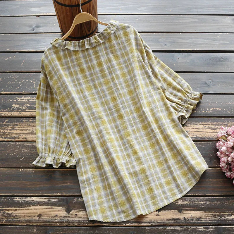 Vintage Flounce Plaid Cotton Linen Round Neck Comfy Shirt