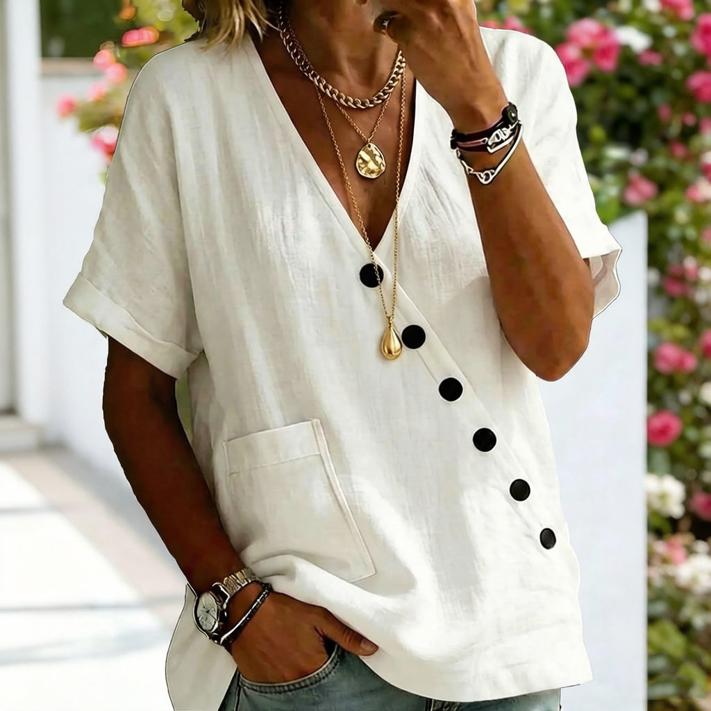 Women's Solid Color V-neck Button Pocket Linen Blend T-shirt