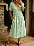 Women's Casual Loose-fitting Linen And Cotton Short Sleeve Dress