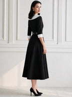 Elegant Contrast Collar Belted A-Line Midi Dress with 3/4 Sleeves