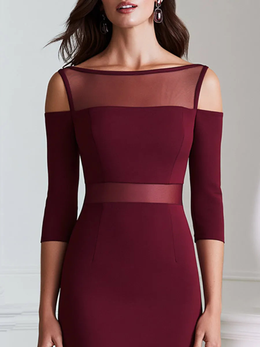 Elegant Cold Shoulder Mesh Panel Bodycon Midi Dress