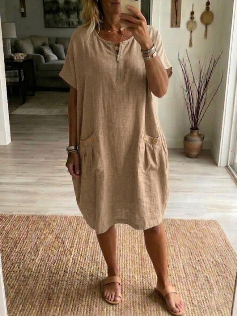 Casual Loose Half-zip Linen And Cotton Dress