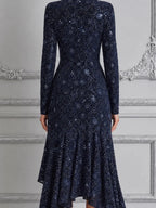 Navy Lace Dress Fall Wedding Guest Dress Ruffle High Low Midi Dress