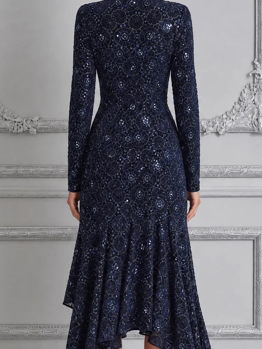 Navy Lace Dress Fall Wedding Guest Dress Ruffle High Low Midi Dress