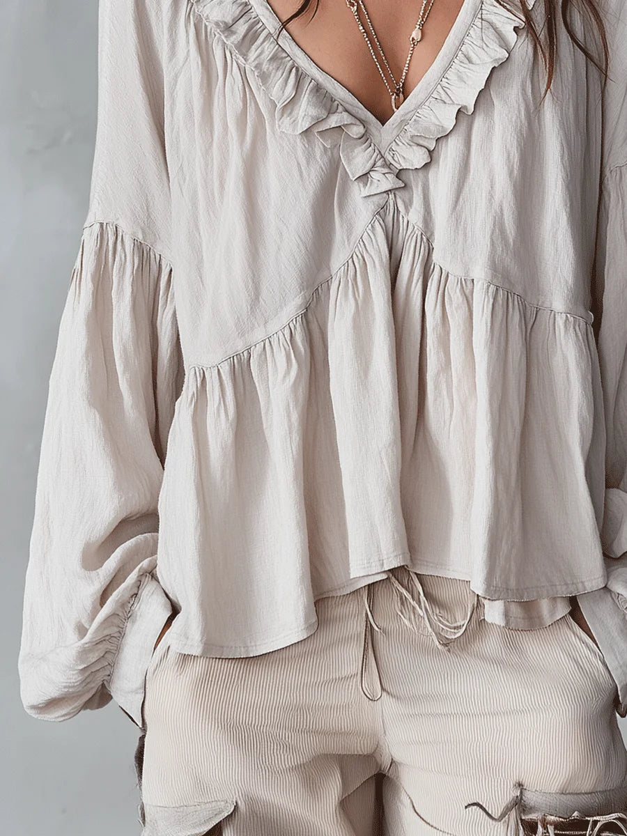 Women's Solid Color Retro Ruffled Casual Cotton Linen Shirt