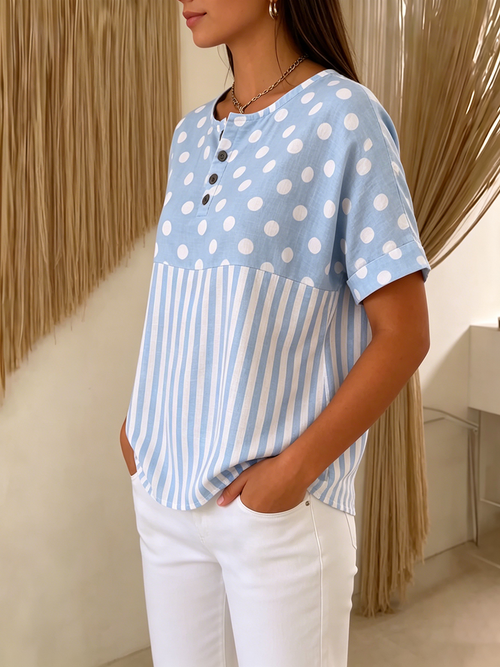 Artistic Polka Dot & Stripe Cotton-linen Blouse