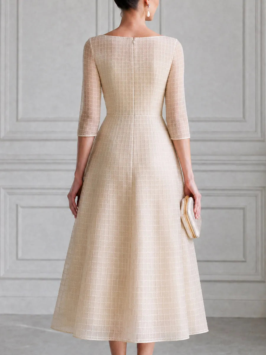 Boat-Neck Grid-Texture 3/4 Sleeve A-Line Midi Dress