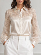 Elegant Floral Lace Satin Patchwork Collared Blouse