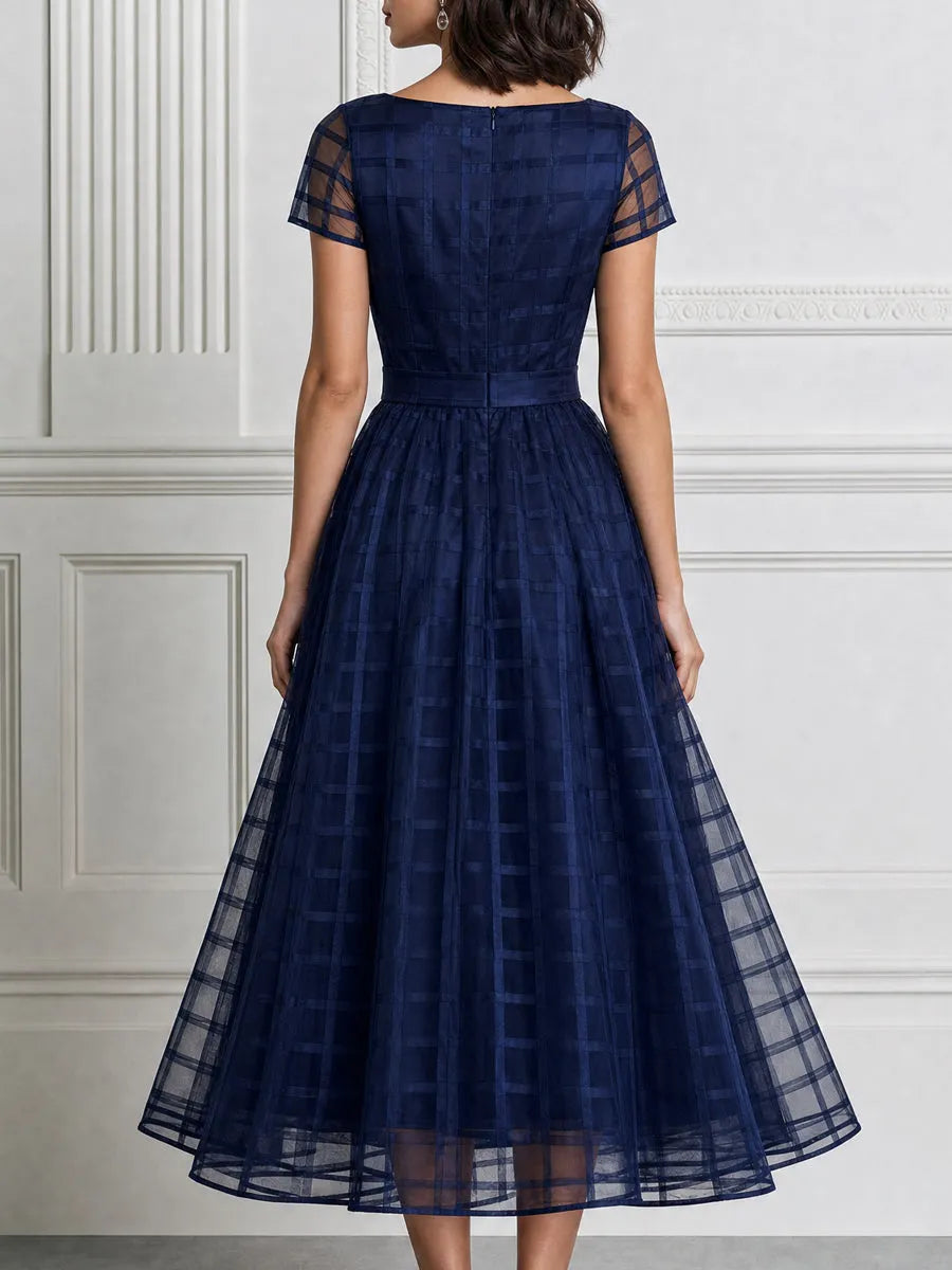Elegant Checkered Mesh Sheer Sleeve A-Line Midi Dress