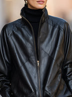 High-Neck Zip-Front Faux Leather Button Cuffs Jacket