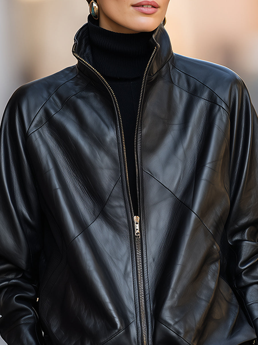 High-Neck Zip-Front Faux Leather Button Cuffs Jacket