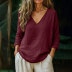 Casual Loose Linen Long-sleeved V-neck T-shirt