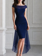 Sheer Boat Neck Ruched Tulle Overlay Train Midi Dress