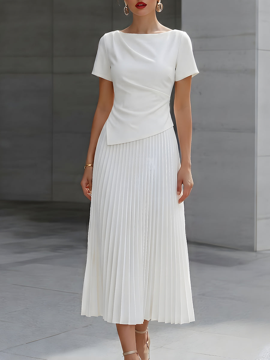 Asymmetric Draped Top And Pleated Midi Skirt Set