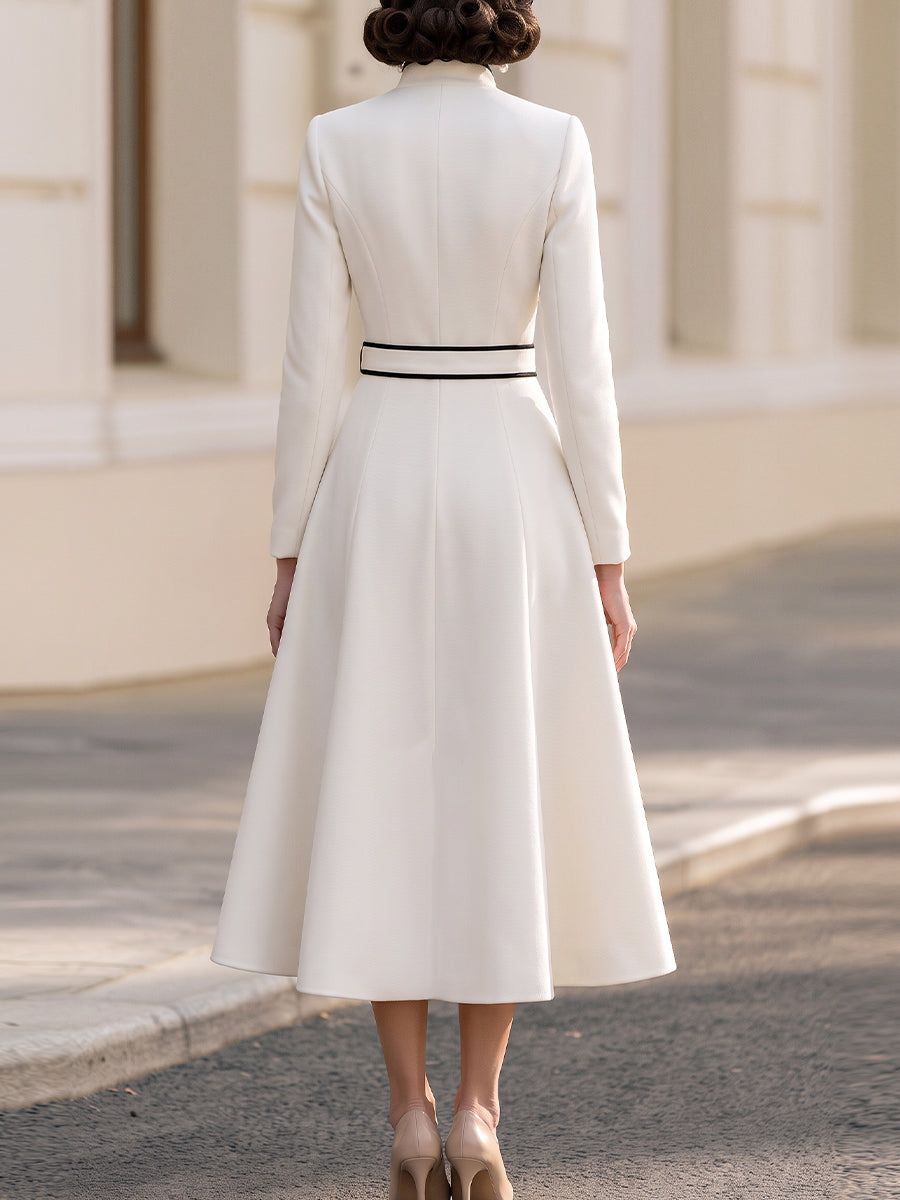 White Black Fit & Flare Midi Formal Coat Dress For Wedding Guest Occasions