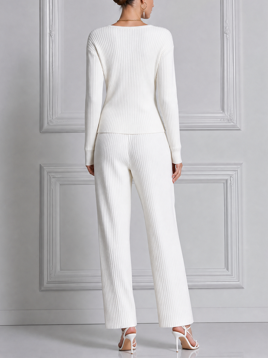 White Stockholm Style Ribbed Knit Wrap Top & Wide Leg Pants Set