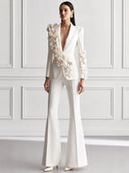 Floral Applique Deep V-Neck Blazer & Flared Trousers Suit Set