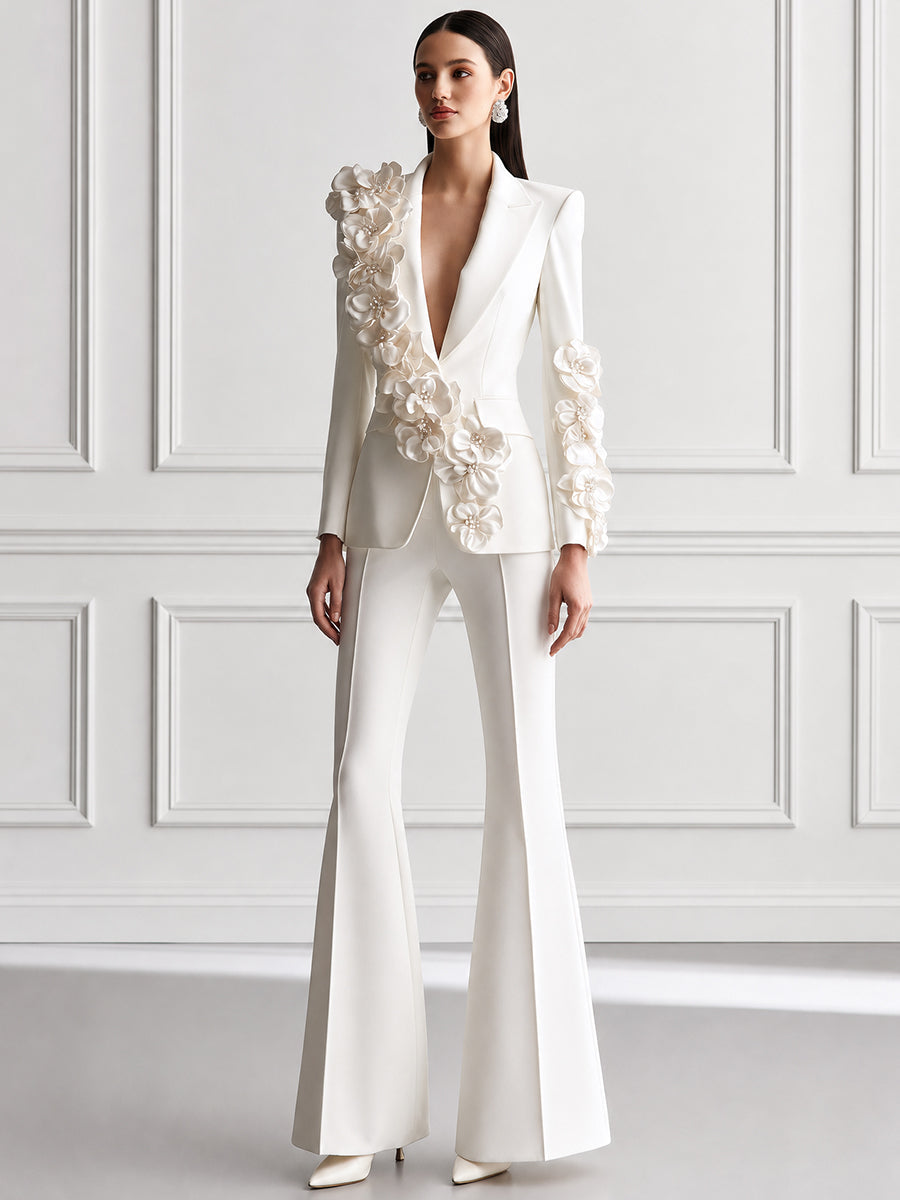 Floral Applique Deep V-Neck Blazer & Flared Trousers Suit Set