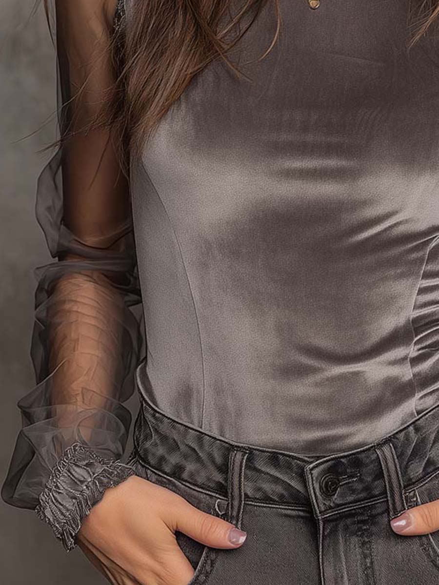 Velvet Mesh Panel High-Neck Top ¨C Graphite Grey