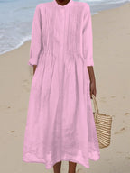 Women's Pleated Cotton and Ramie Long-sleeved Dress