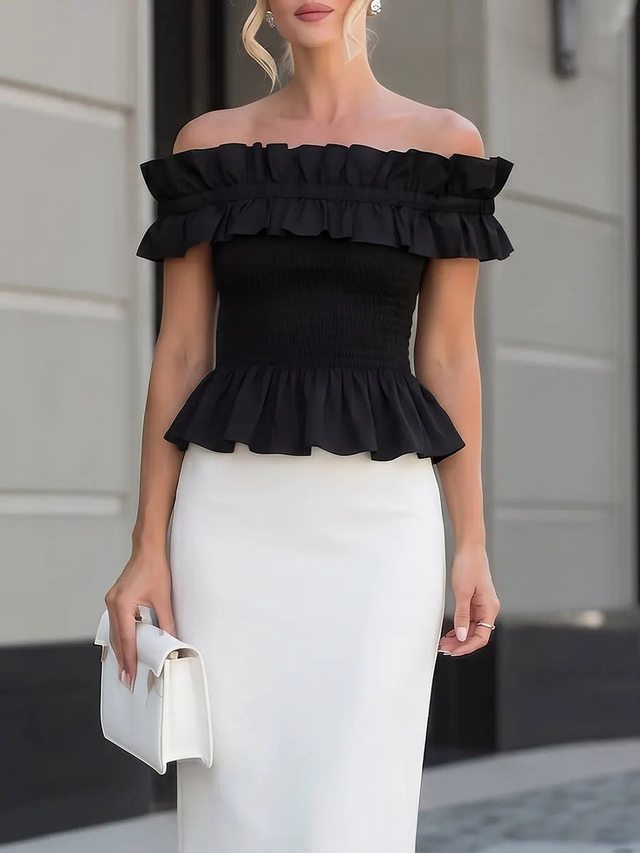 Off-Shoulder Ruffled Peplum Top & White High-Waisted Maxi Pencil Skirt Two-Piece Set