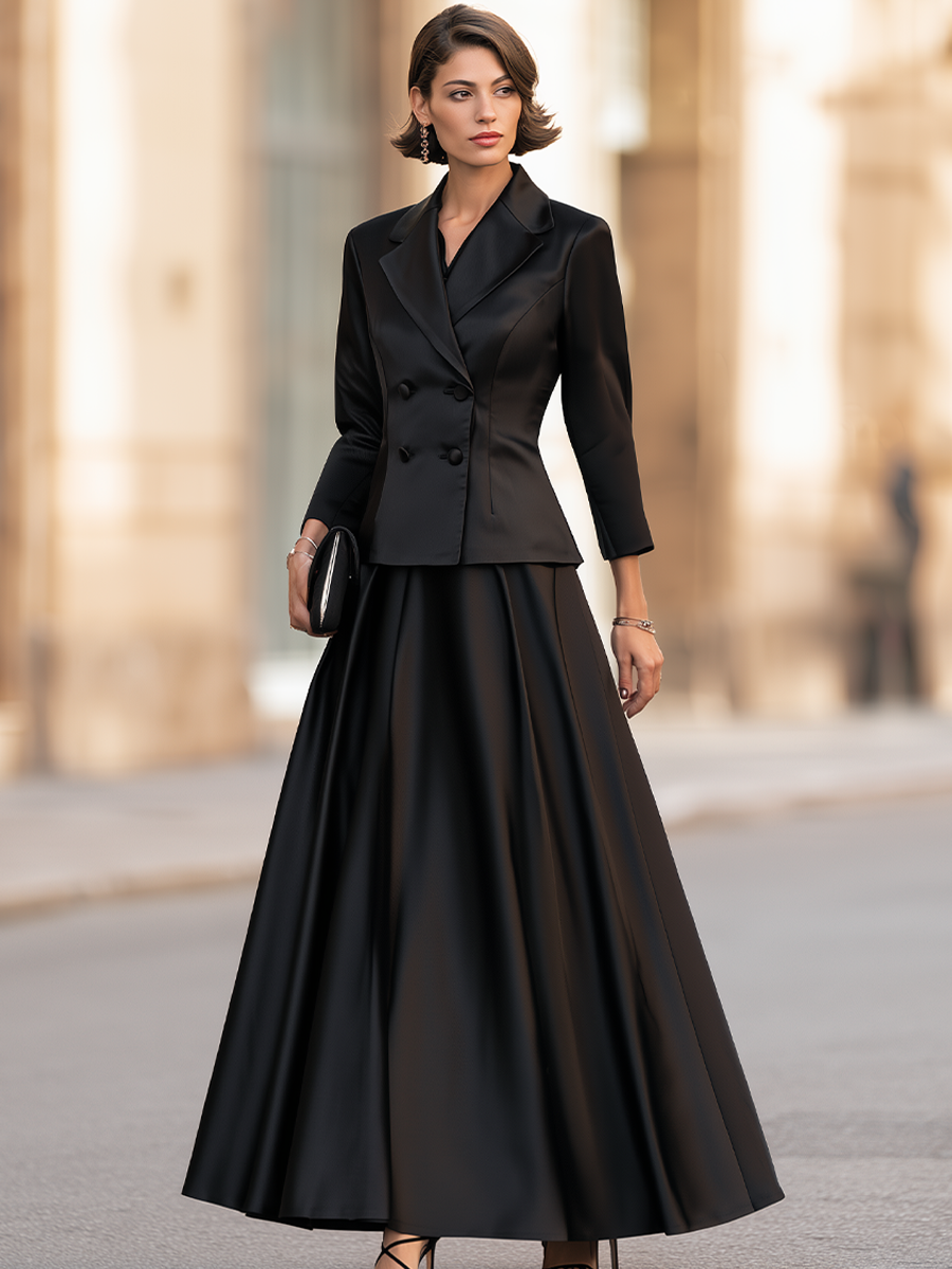 Elegant Double-Breasted Satin Blazer & Maxi Skirt Two-Piece Set