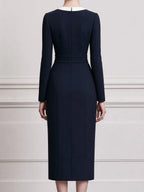 Navy & Ivory Colorblock Long-Sleeve Sheath Midi Dress