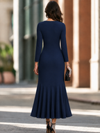 Elegant Keyhole Neck Long Sleeve Ruched Asymmetric Ruffle Hem Cocktail Dress