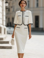 Contrast Trim Cropped Jacket & Pencil Skirt Two-Piece Set