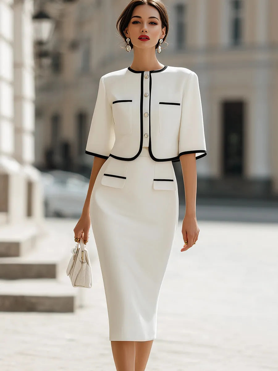 Contrast Trim Cropped Jacket & Pencil Skirt Two-Piece Set